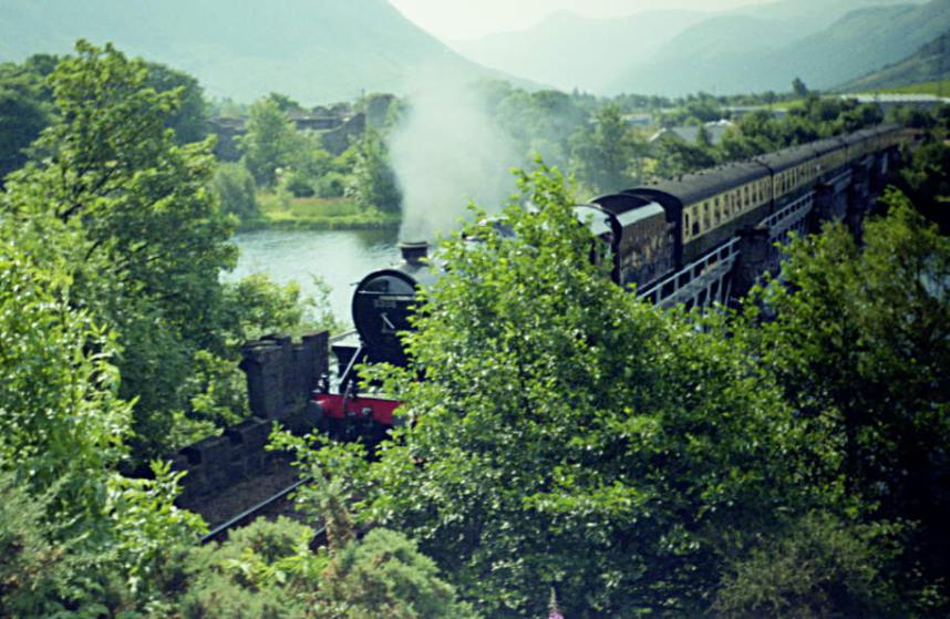 1990-08-01d.jpg - Steam train crossing Lochy bridge