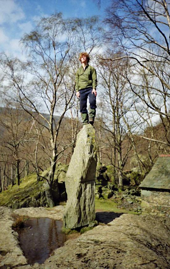 1991-04-07d.jpg - Toby on a rock near the Bowder Stone