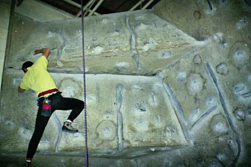 1991-02-26a.jpg - Bouldering at Kelsey Kerridge climbing wall