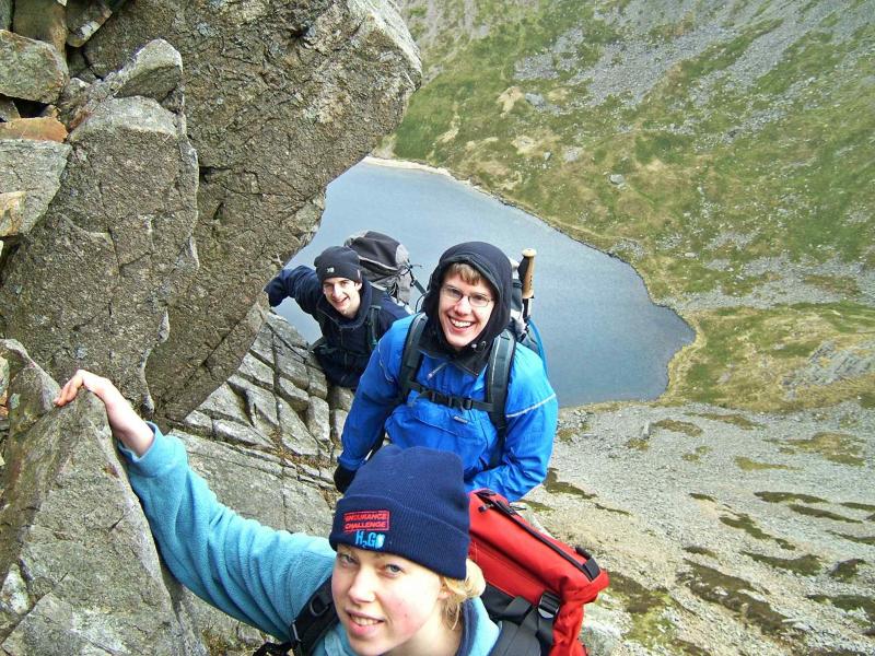 20050129-130306.jpg - Michael, Will and Helen scrambling high above Llyn y Gadair