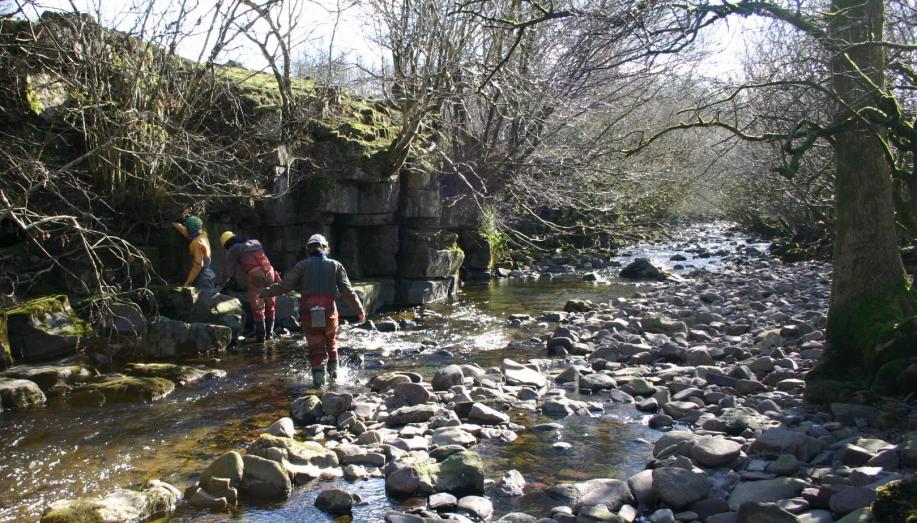20050220-130956.jpg - Sunday morning: cavers cross the Afon Nedd Fechan...
