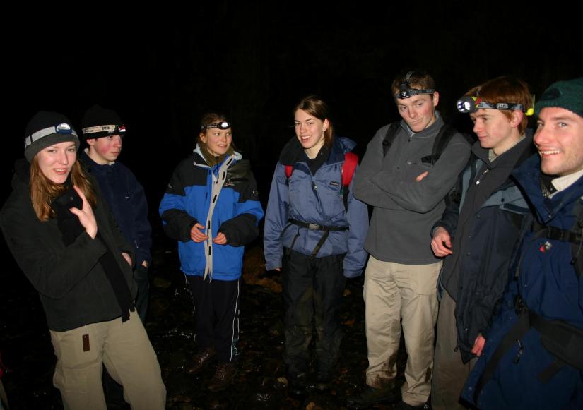 20050312-143832.jpg - Two groups meet in the dark - Tom, Clare, Brian, Katy, Clare, Nick, James, Matt