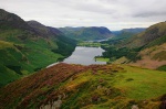 Crummock Water and Buttermere from a heather-clad Fleetwith Nose